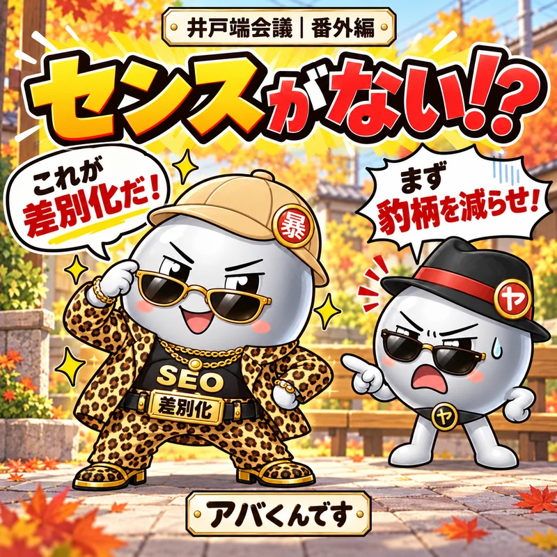 全身豹柄にサングラスと金色のアクセサリーを合わせたアバくんと、指をさしてツッコむヤバくん